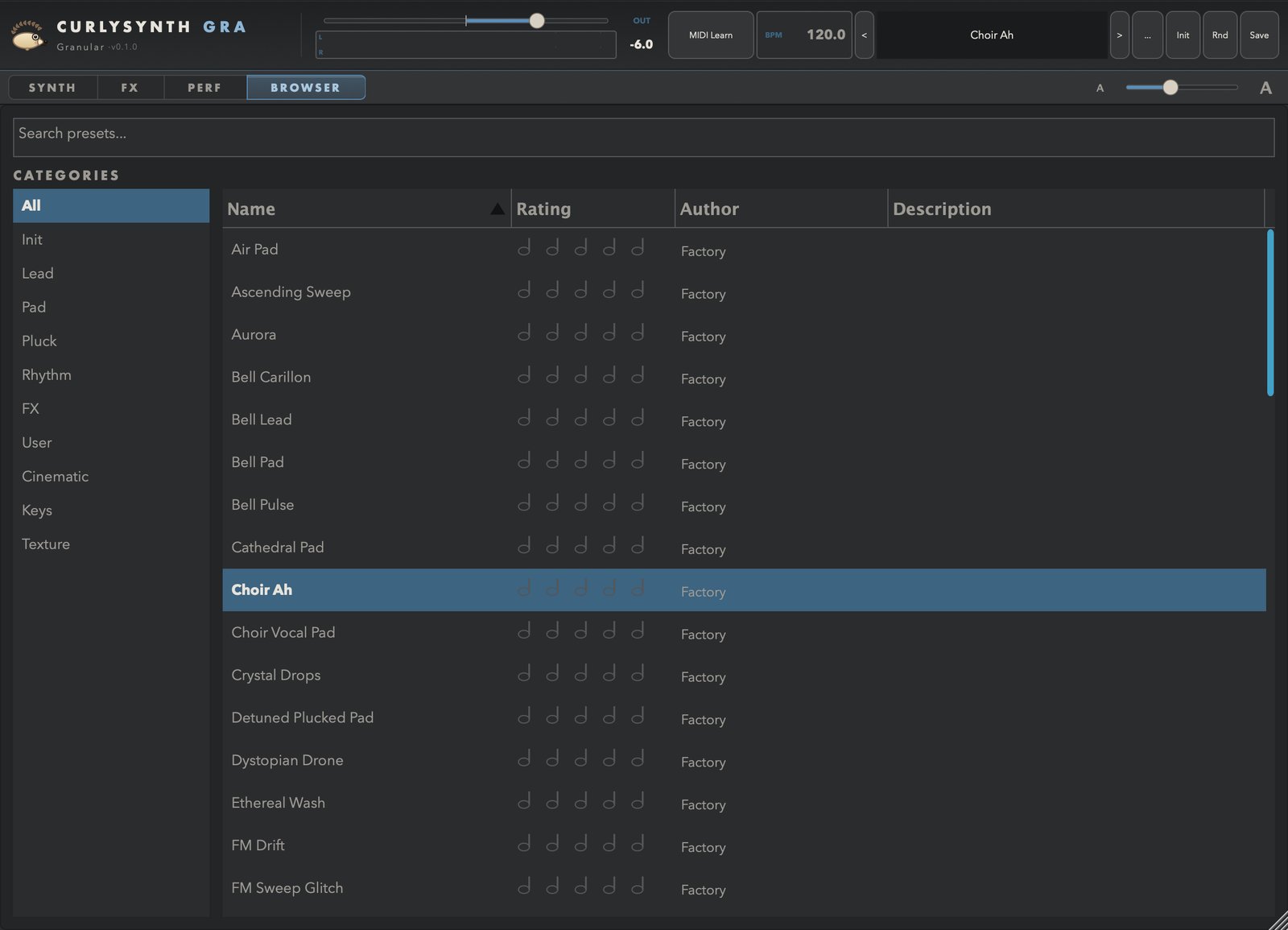 CurlySynth Granular — Preset Browser