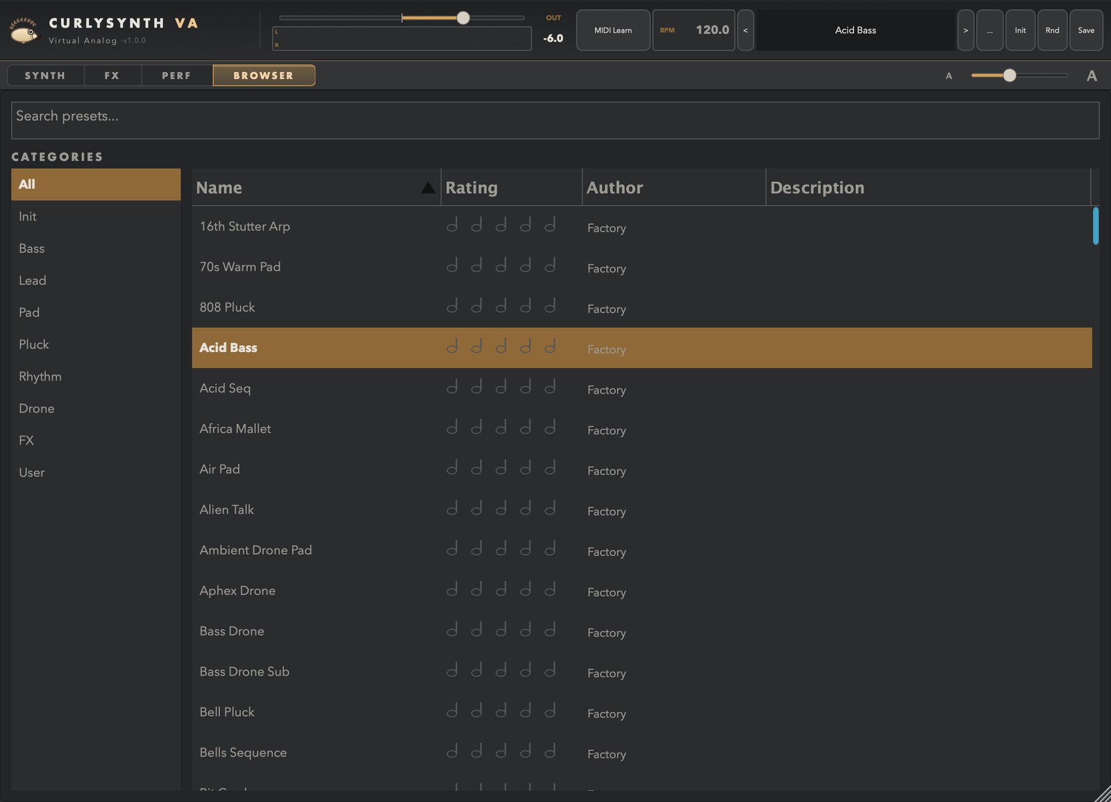 CurlySynth VA — Preset Browser