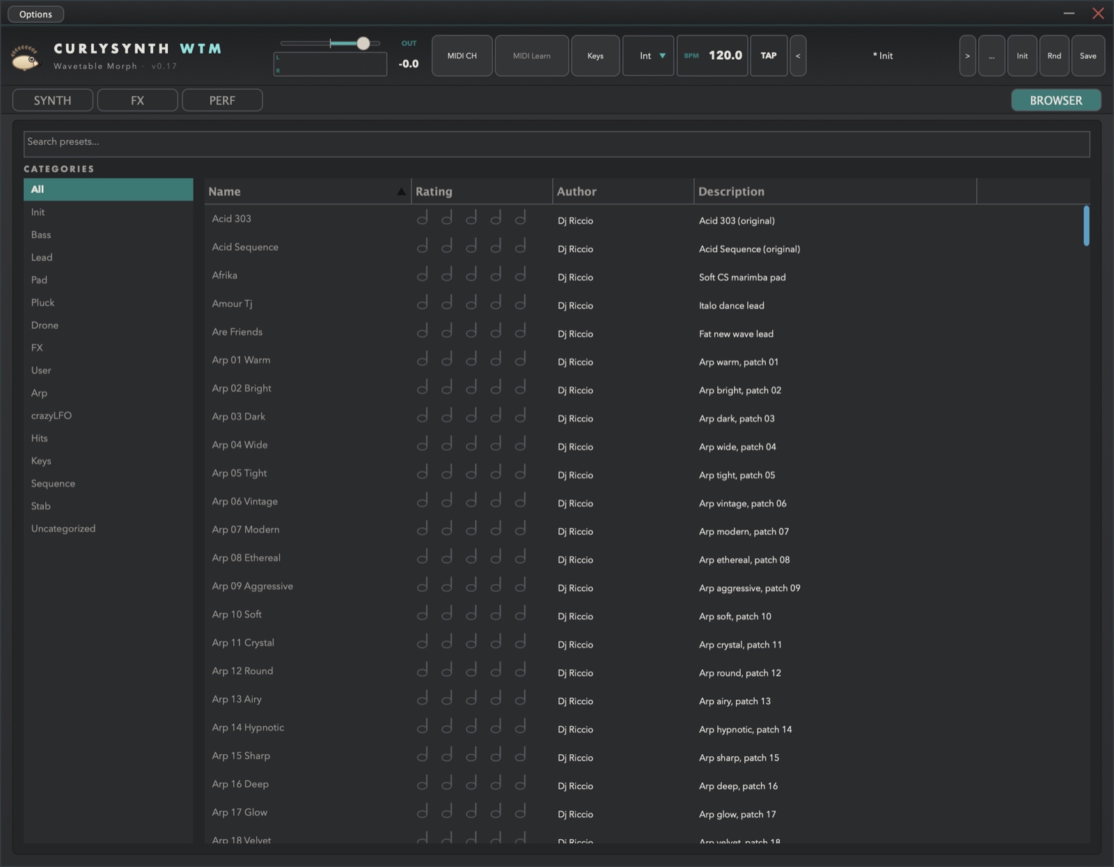 CurlySynth WTM — Preset Browser