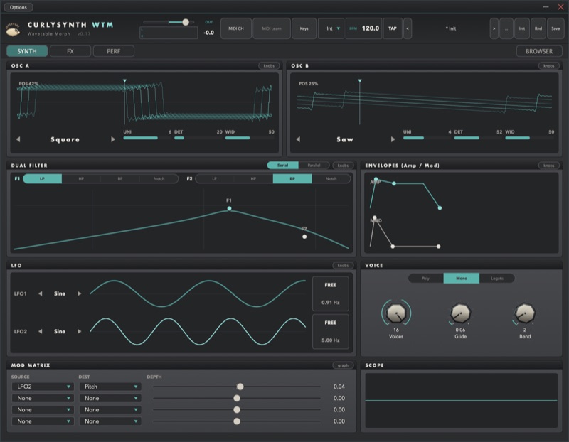CurlySynth WTM user interface